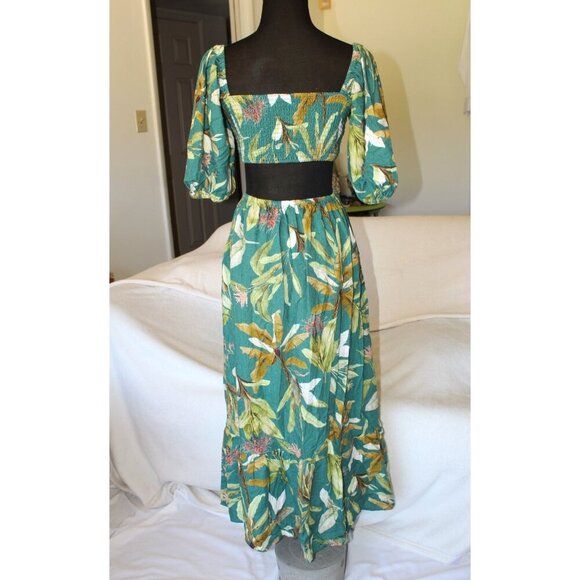 O.P.T Jungle Cut Out Midi Dress Linen Blend Puff Sleeves Hawaiian Floral Size M? - Picture 6 of 11